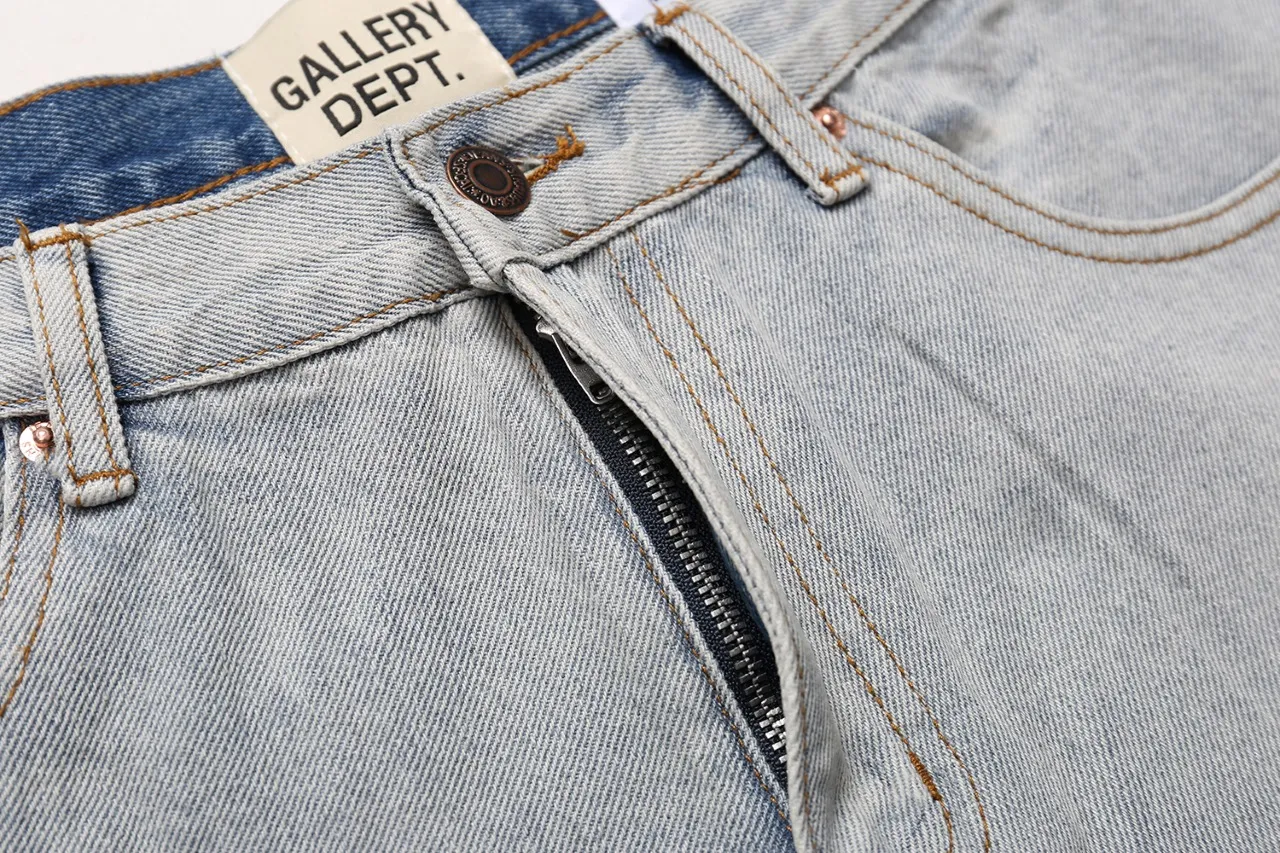 640#Gallery Dept New Style Spliced ​​Leather Label Leather Seal Water Ripple Washed Blue Destroyed Splicing Micro-Boot Jeans American High Street Flared Trousers Washed Blue S~XL p290